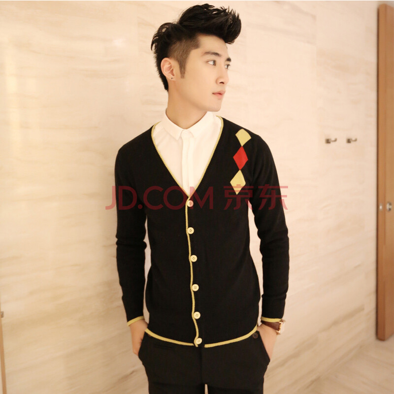 秋冬新款 男装韩版<em>线衣</em> <em>菱格</em>点缀针织衫<em>男士</em>修