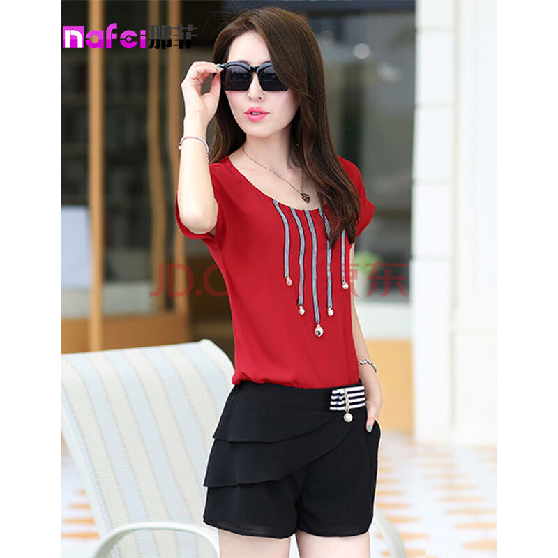 D478#2014夏装新款休闲<em>套装</em> 红上衣+<em>黑短裤</em>