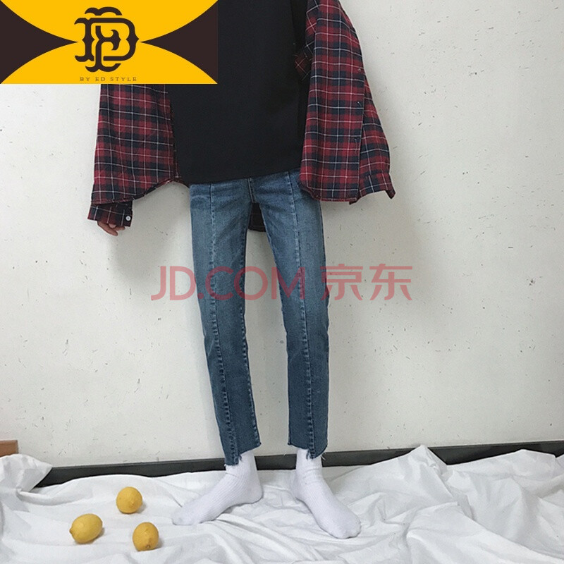ED牛仔裤男春夏季潮流2018港风休闲韩版修身小脚裤脚不规则学生裤子 蓝色 L