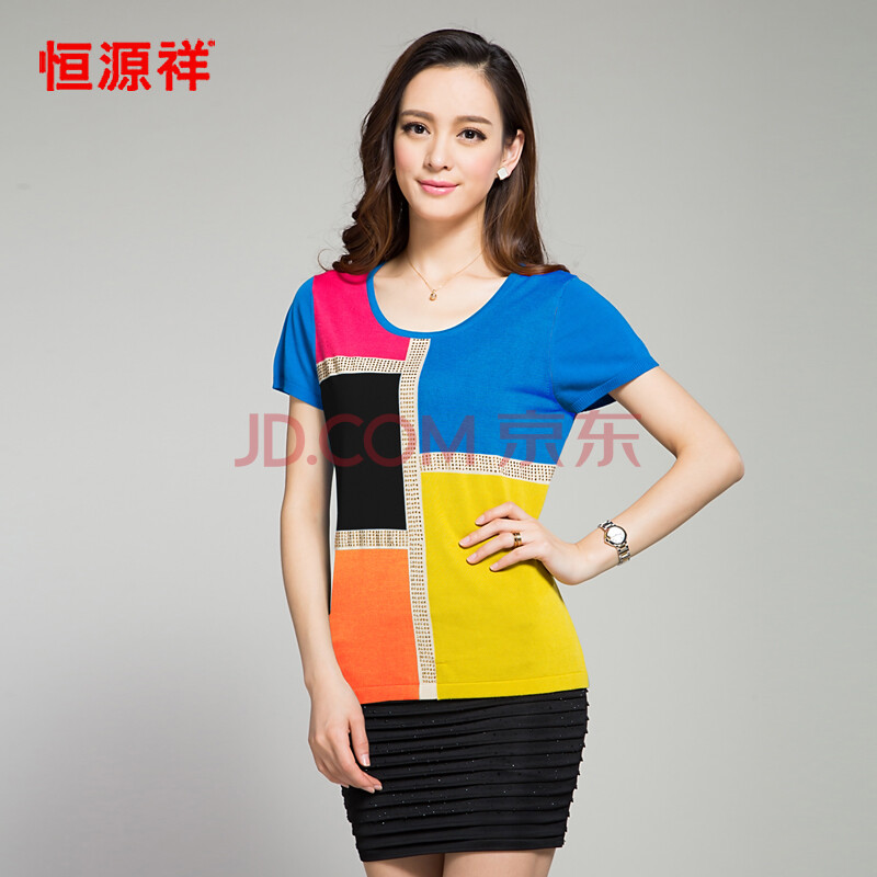 <em>恒源祥女装短袖</em>T恤2014夏款新款 拼接圆领针