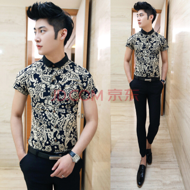 2014新款夏装潮男装<em>韩版</em>休闲短袖衬衣<em>男</em>修身