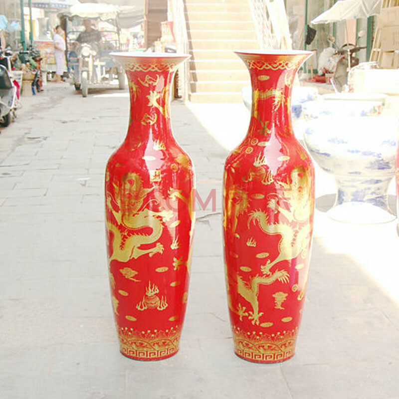 迪胜 景德镇陶瓷落地花瓶 中国红描金龙大花瓶 客厅摆件 高档装饰礼品
