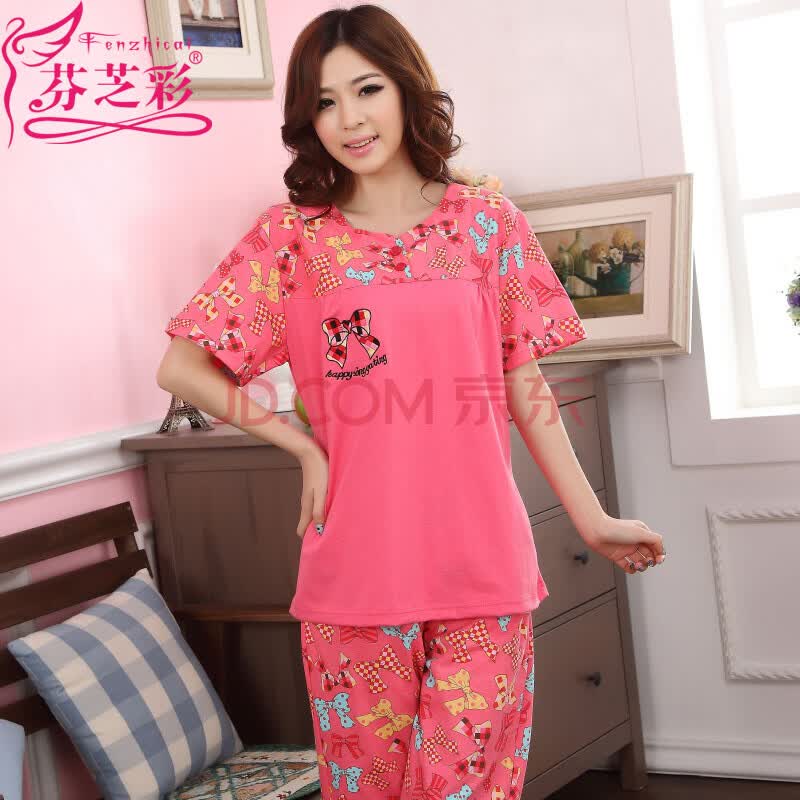 <em>芬</em>芝彩夏季甜美<em>女睡衣</em>短袖蝴蝶花棉质<em>女</em>家居服