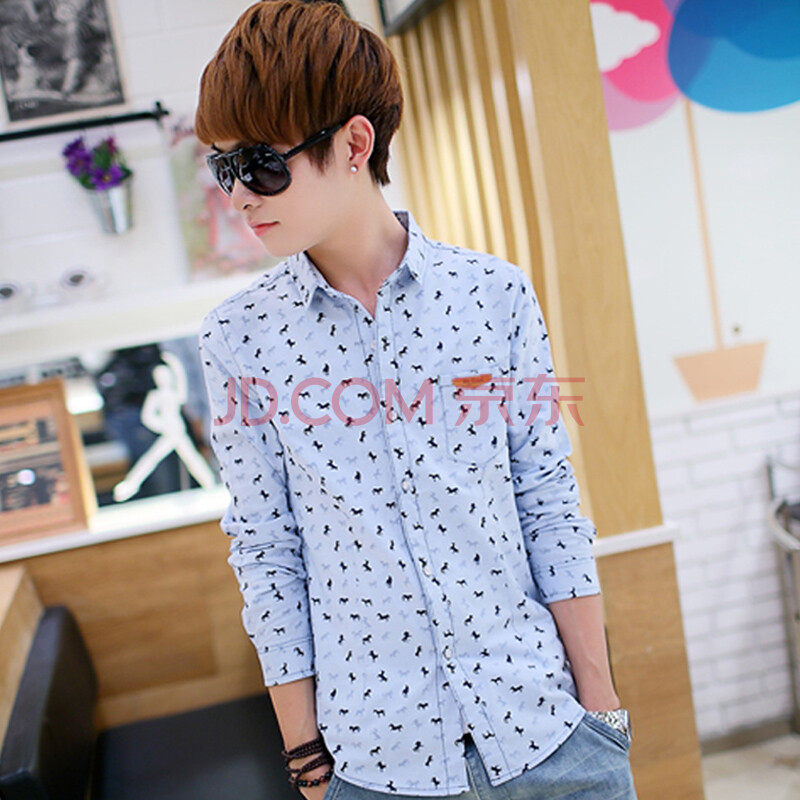 士小马印花长袖休闲潮男衬衫 新款秋装<em>时尚</em>韩