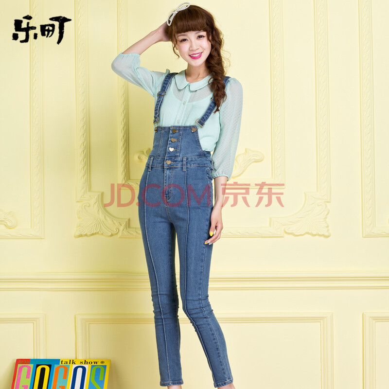<em>乐町</em>2014秋装<em>新款</em>日系甜美<em>女装</em> 高腰牛仔背带