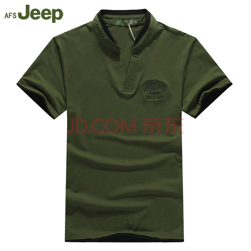 jeep)正品男短袖t恤战地吉普纯棉商务休闲半袖男v领体恤衫 军绿色 m
