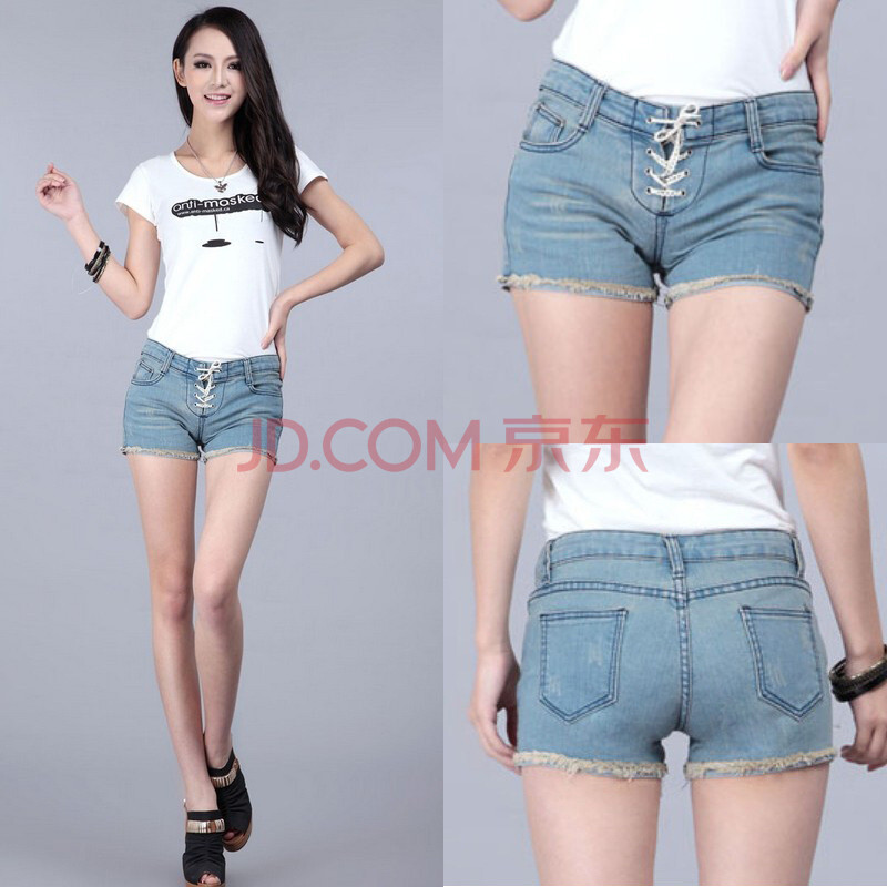 4夏装新款韩版时尚系带做旧须边牛仔<em>女短裤</em>正