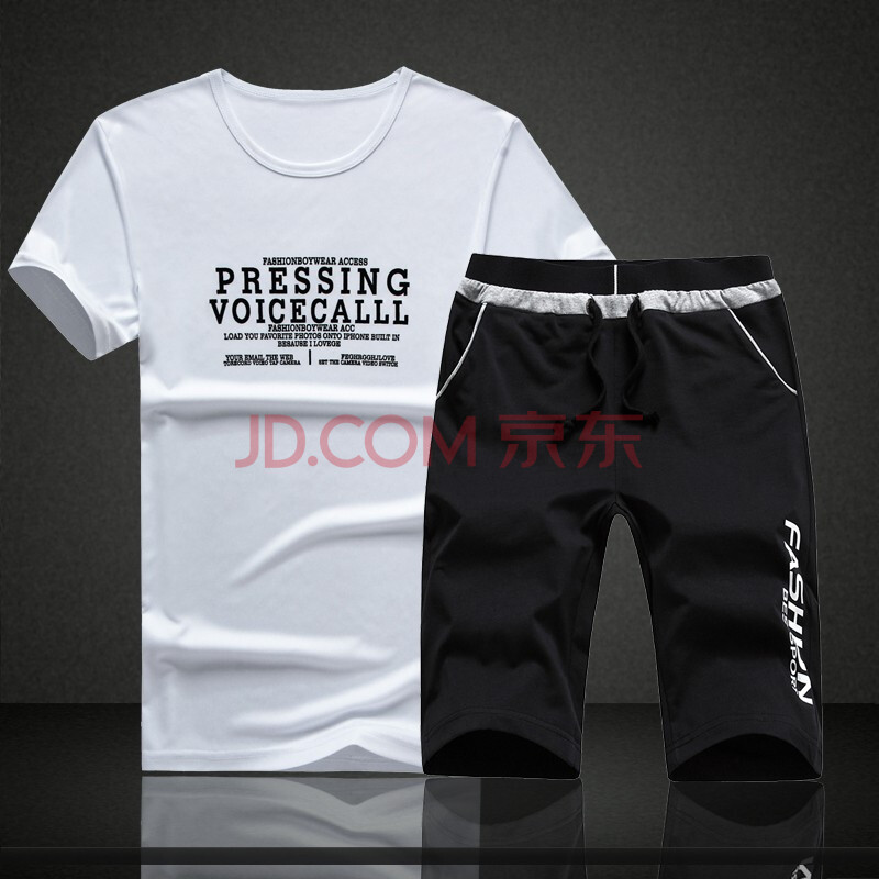 棉记2014夏季新款夏天大码卫衣男休闲运动服五分裤套装韩版 白衣黑裤