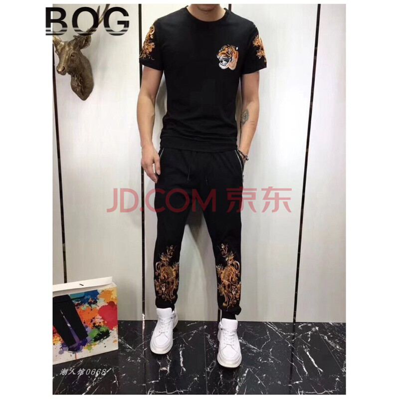 BOG 伟奇香港潮牌夏季新款男士龙刺绣短袖修身套装男休闲复古帅气一套社会人潮牌两件套 黑色 2XL