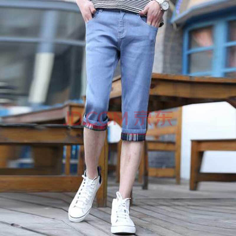 轻尘 2014夏季<em>男士牛仔短裤</em>韩版格子<em>翻边</em>七分