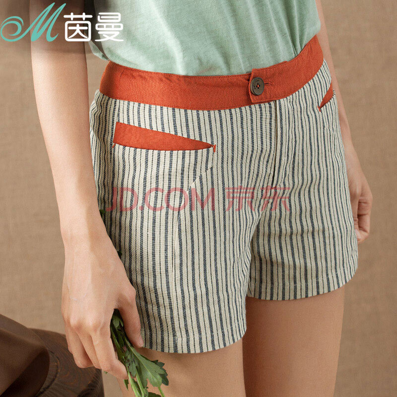 茵曼2014夏装新款文艺<em>棉</em>竖<em>条纹短裤</em>热裤<em>女</em>【