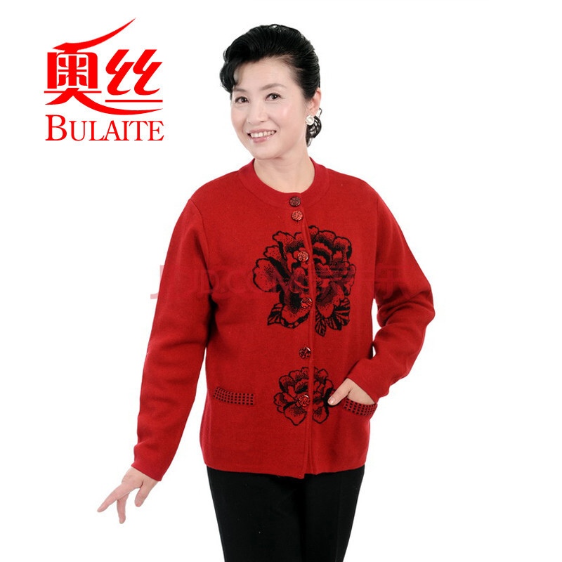 奥丝布莱特秋冬新款红色<em>玫瑰花</em>纽扣<em>开衫</em>中老年