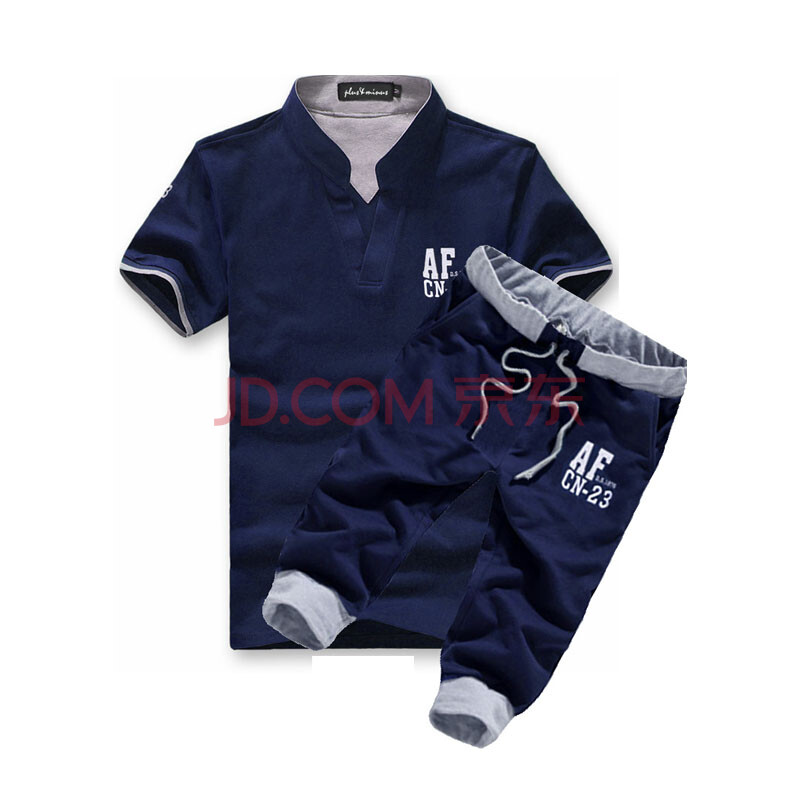 装七分裤男绣花休闲卫裤短裤体恤衫 蓝上衣黑