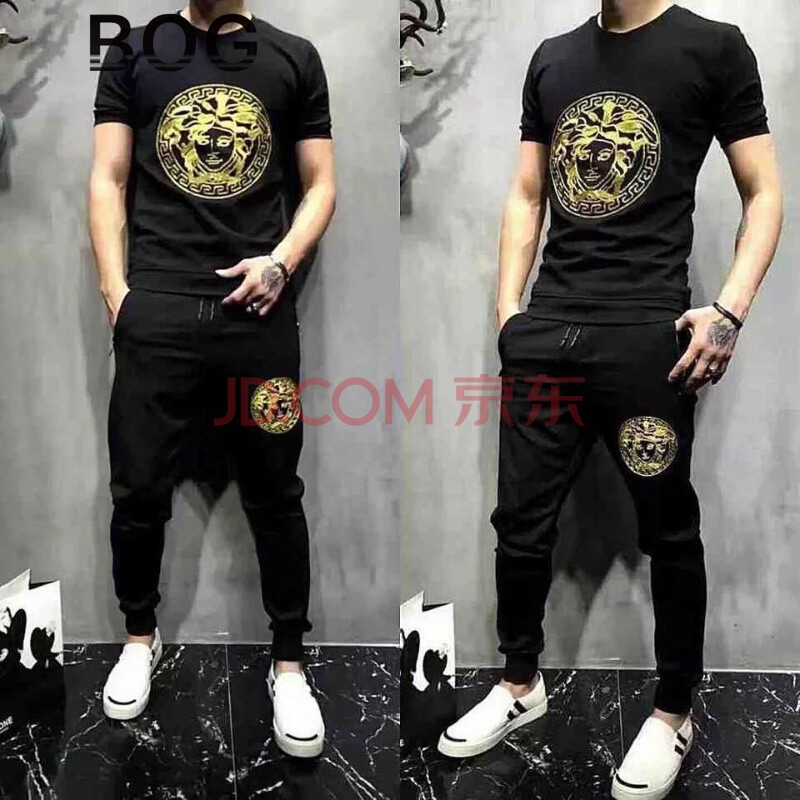 BOG 伟奇香港潮牌夏季新款潮牌社会小伙休闲套装男 刺绣人头图案短袖T恤上衣长裤两件套圆领大码运动服 黑色 XL