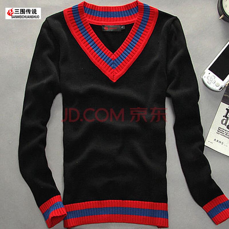 说 2014秋冬新款韩版拼色V领修身<em>厚毛衣男</em> W