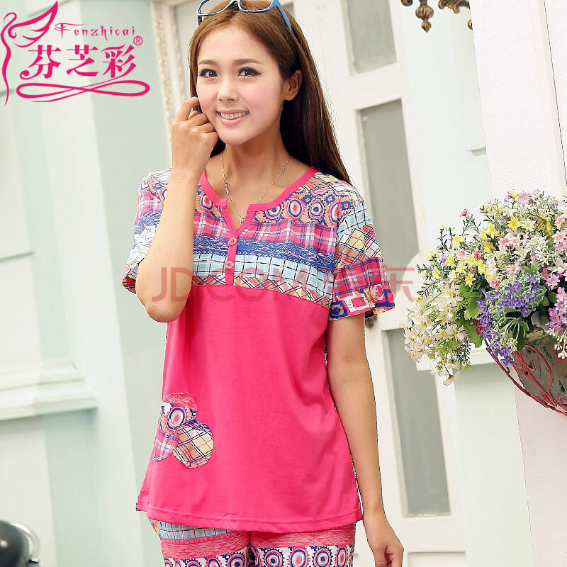<em>芬芝彩</em>夏季女式<em>睡衣</em>时尚针织棉格仔短袖夏天可