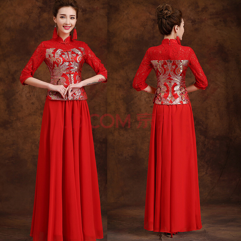 新款2015婚纱礼服新娘结婚旗袍红色长款敬酒服复古改良秋冬款春季