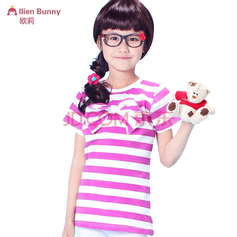 夏款 女童短袖t恤 儿童运动休闲套头衫 宝宝韩版条纹t恤 粉红色 120