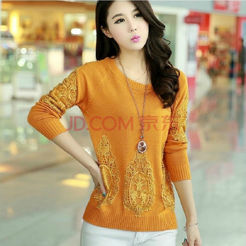 新品韩国宽松圆领蕾丝蝙蝠衫针织衫<em>女装毛衣</em>直