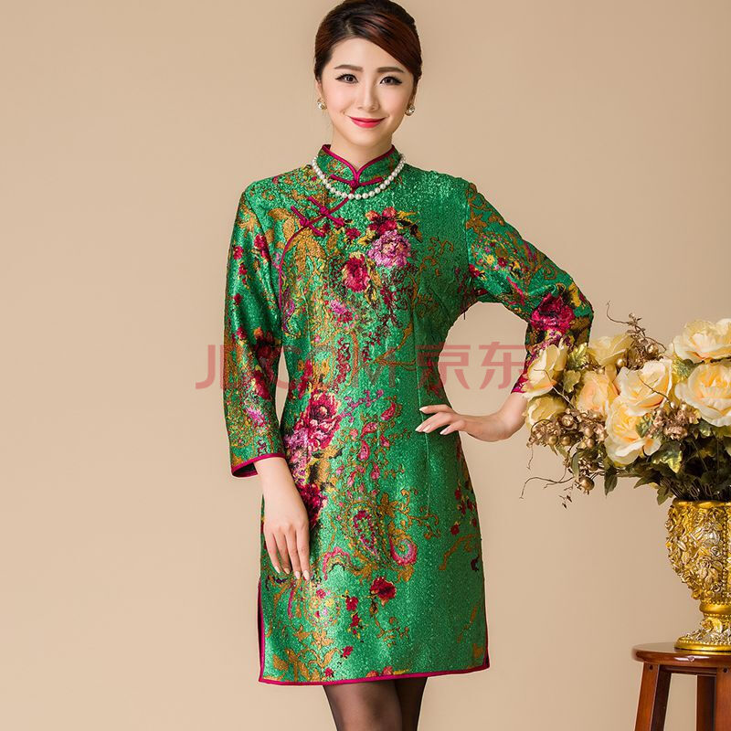 2016真丝褶皱复古旗袍礼服中老年女装优雅贵妇大码妈妈装 绿色 xxl