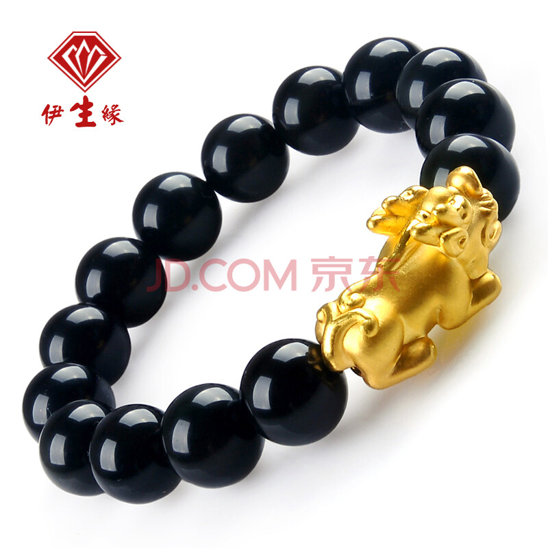 伊生缘999千足金3D硬黄金招财貔貅黑曜石转运