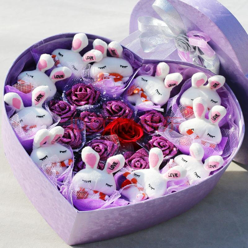 love兔进口永生花礼品花红玫瑰情人节玫瑰花卡通花束玩偶花束礼盒 有
