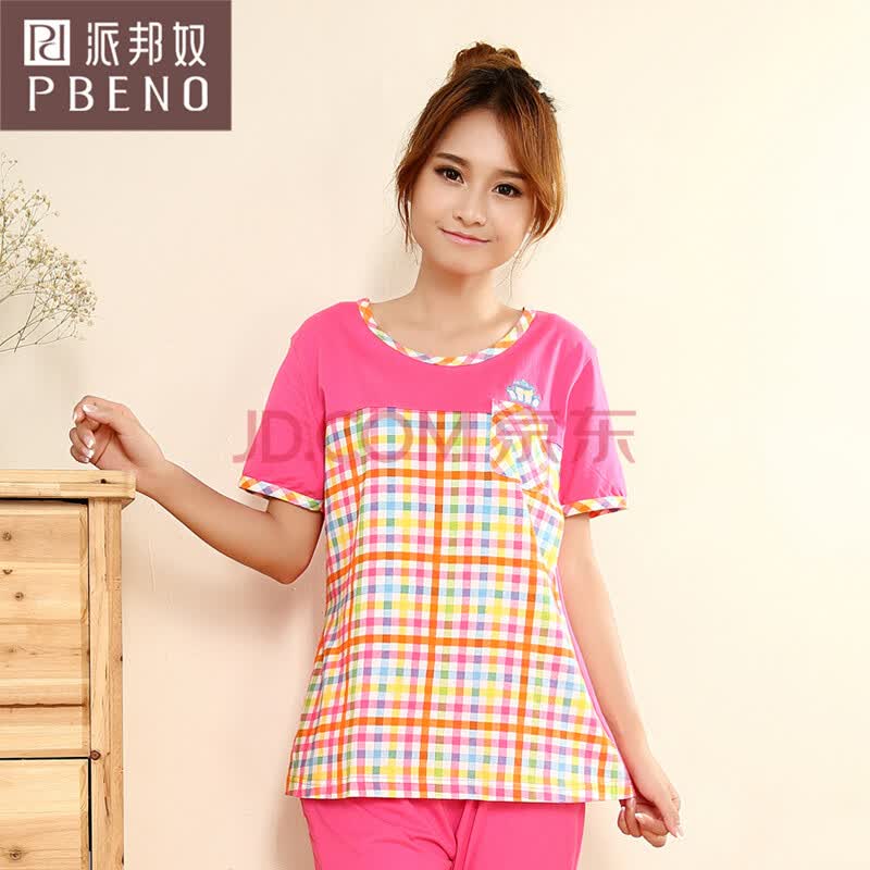 派邦奴 夏季短袖<em>睡衣</em>女套装 <em>纯棉</em>家居服格子甜