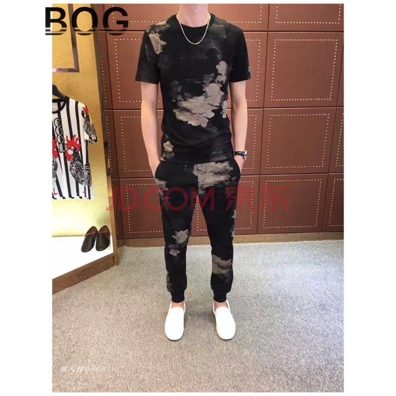 BOG 伟奇香港潮牌男士休闲运动套装男社会人精神小伙套装短袖一套韩版两件套夏大码 黑色 L