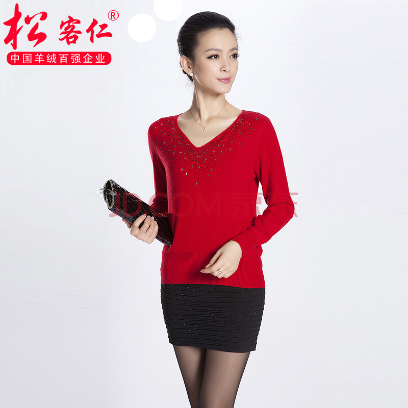 松客仁 羊毛衫 女士羊绒衫 V领<em>镶钻短款</em>套图打