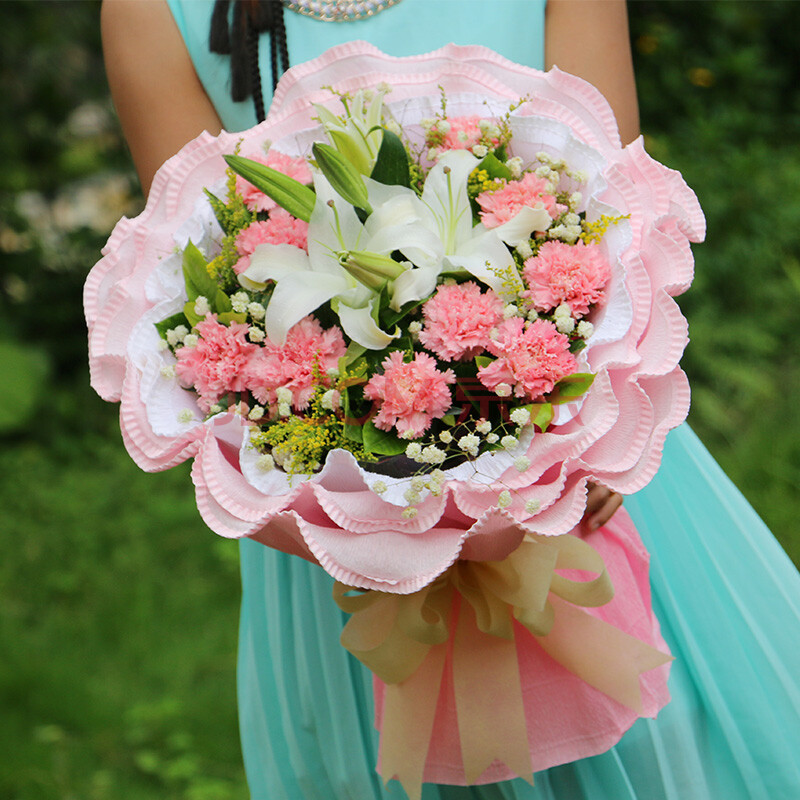 绿韵花田 11枝康乃馨百合花束鲜花 妇女节祝福送妈妈生日礼物 全国