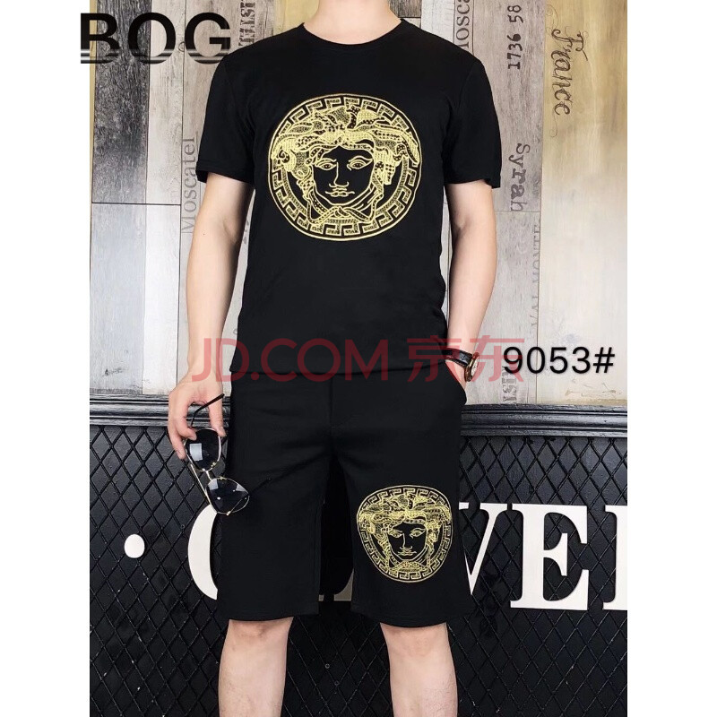 BOG 伟奇香港潮牌夏季新款潮牌休闲套装男刺绣人头图案短袖上衣短裤社会小伙两件套装圆领大码运动服 款一 M