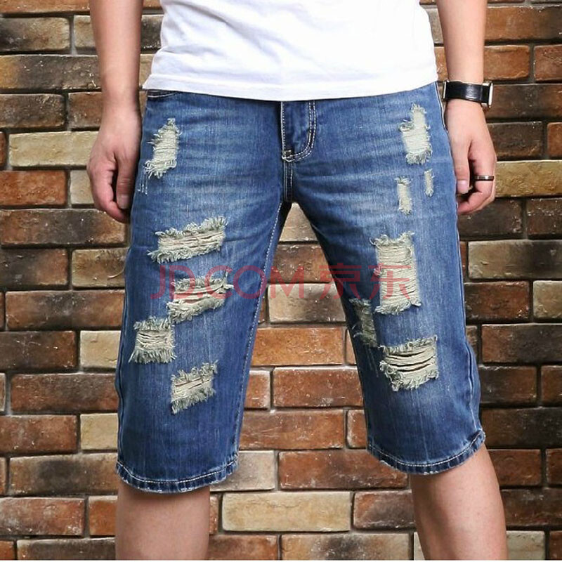 玖咿 2014 男士<em>破洞牛仔短裤</em>新款直筒 <em>男</em>牛仔五
