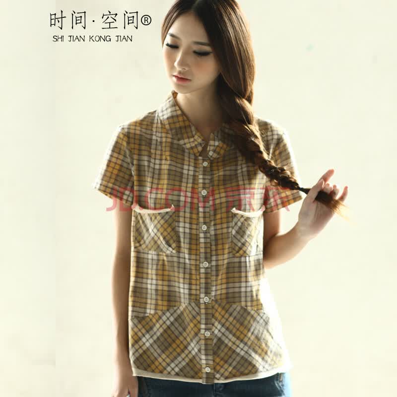 时间<em>空间</em>2014夏装新款格子女纯棉衬衫短袖女