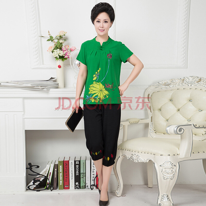 英伦格钓 中年老年<em>女士</em>短袖<em>短裤套装</em> 妈妈名族