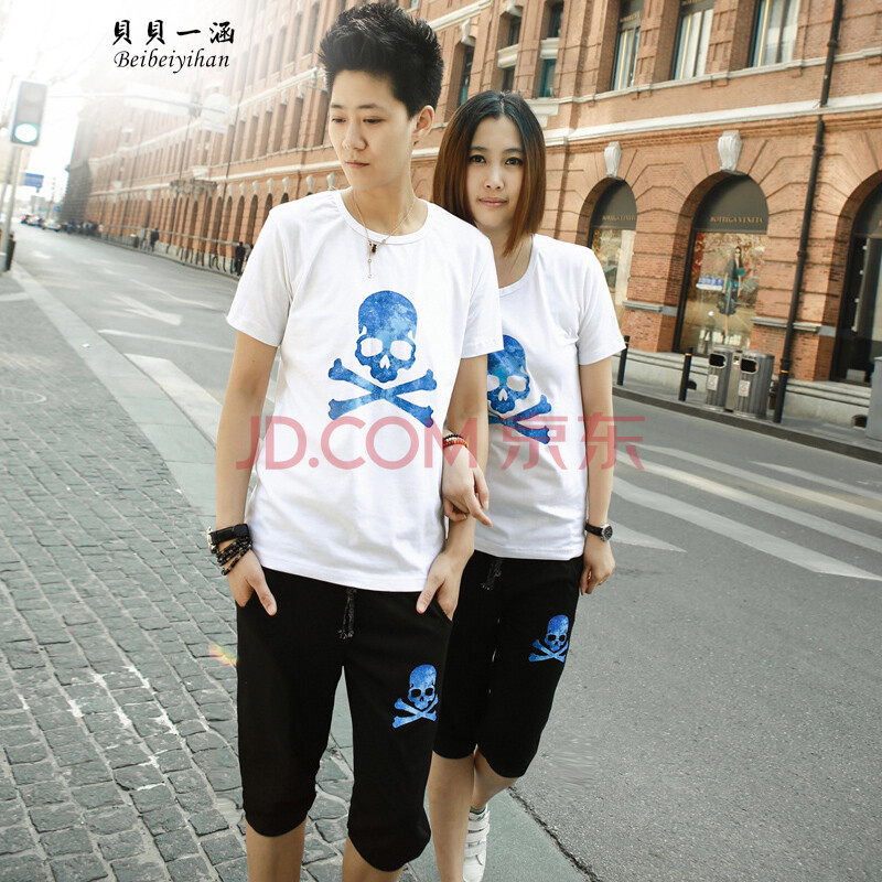 装套装短袖骷髅头T恤衫女五分裤休闲裤<em>马裤男</em>