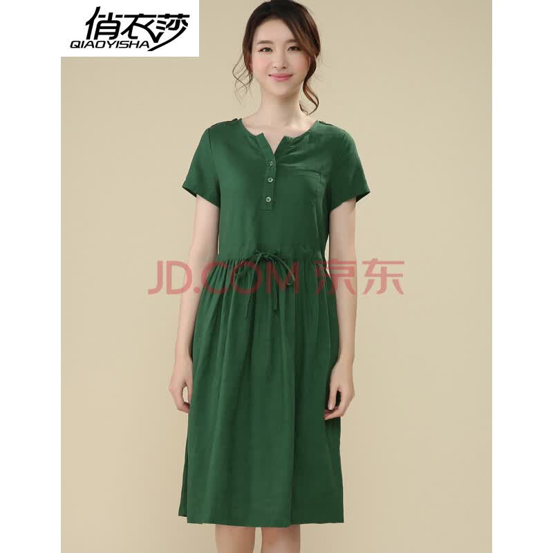 俏衣莎棉麻<em>女装</em>系列 简约纯色<em>加大码</em>短袖连衣