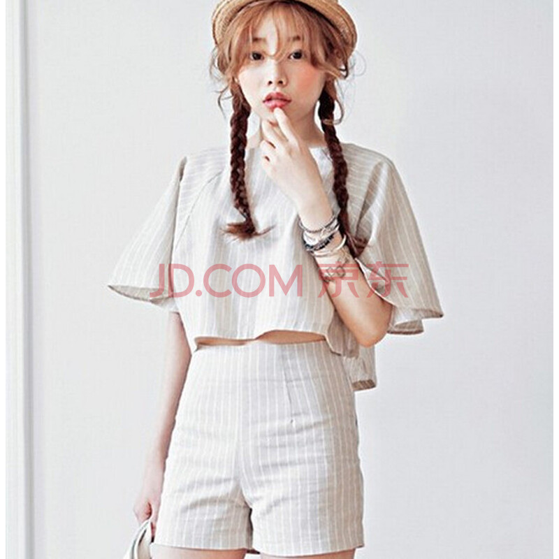 韩妮婷<em>高腰短裤</em> 条纹<em>露脐</em>上衣 灰色 S<em>图片</em>-京东