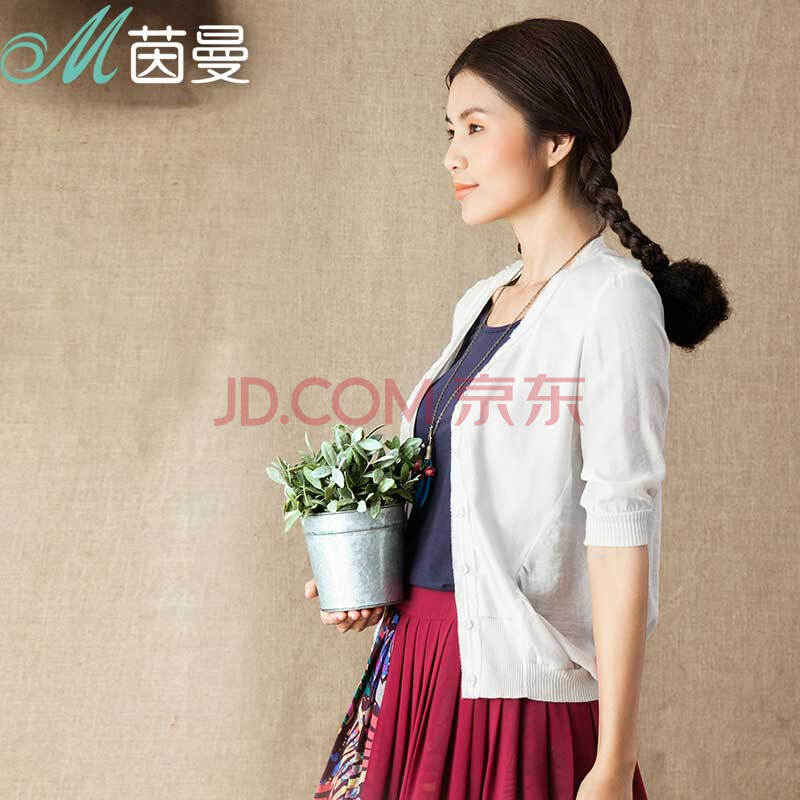 <em>茵曼</em> 2014夏装新款文艺螺纹拼接V领中袖<em>针织</em>