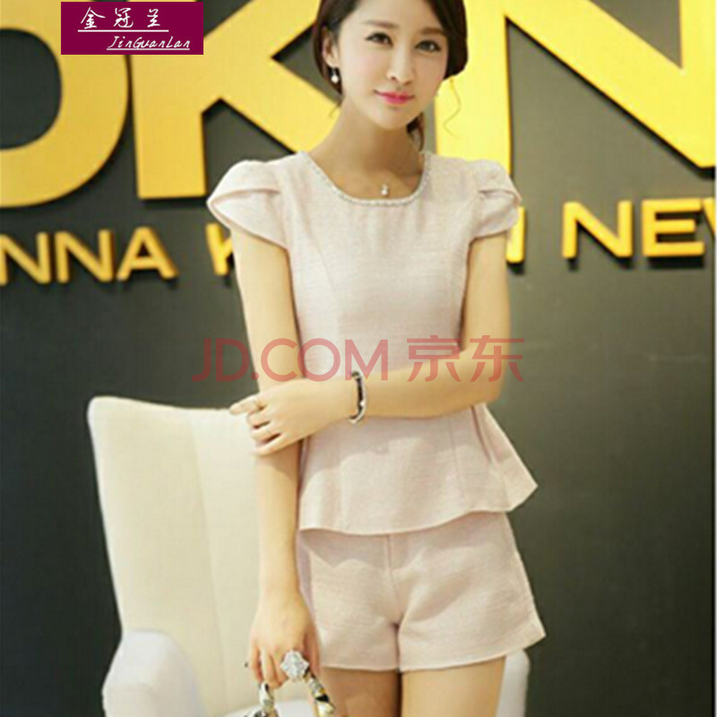 2014小香风夏新时尚亚麻<em>女装</em>钉珠<em>短裤</em>套装两