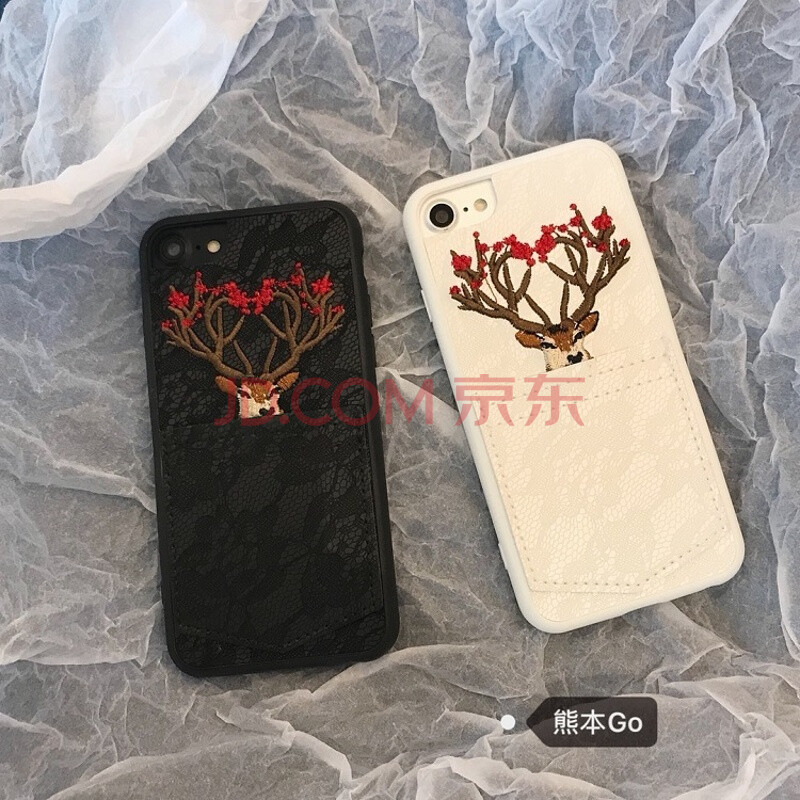 文藝刺繡梅花小鹿蘋果8手機殼iPhone7plus皮質殼6s plus保護殼X硬 iPhone7/i8 刺繡小鹿-黑色