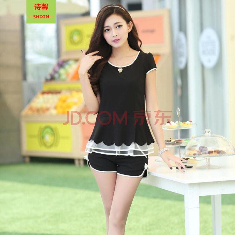 诗馨<em>2014</em>时尚短袖<em>短裤雪纺</em>套装<em>女夏</em>名媛小香