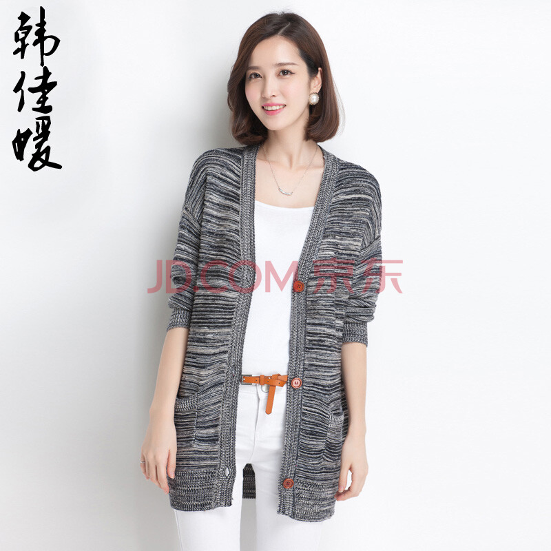 韩佳媛2014秋装时尚<em>花色</em>长袖<em>毛衣开衫</em>中<em>长款</em>