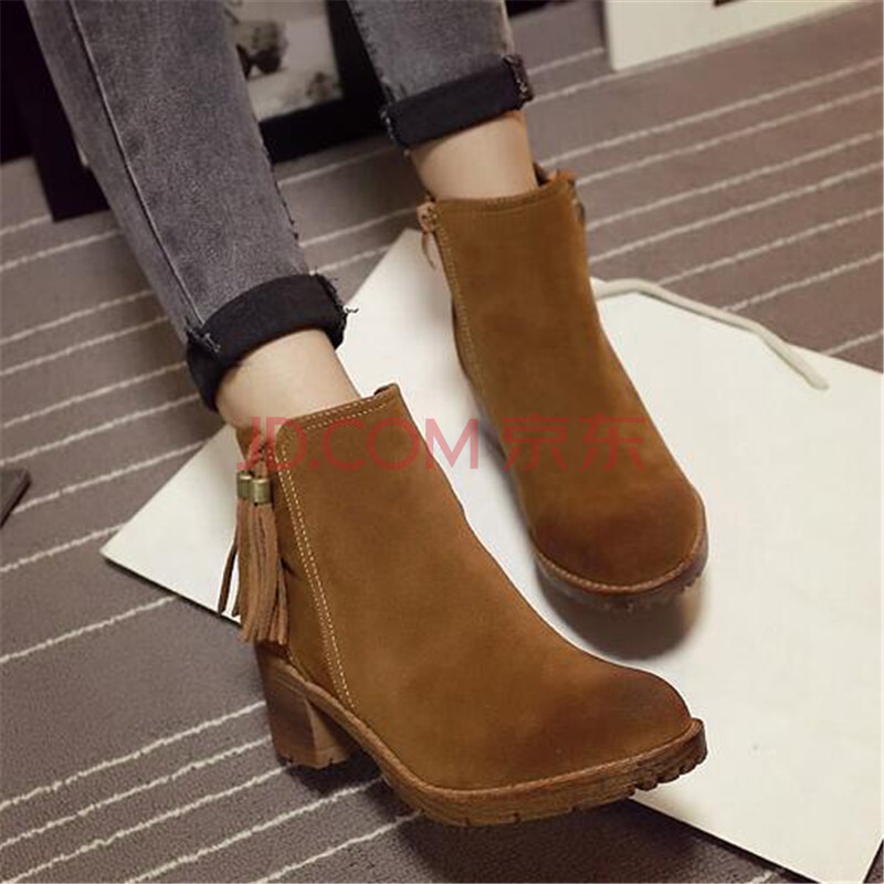 短靴女粗跟低跟平底马丁靴磨砂绒面流苏短筒靴潮百搭及踝靴 深棕色 37