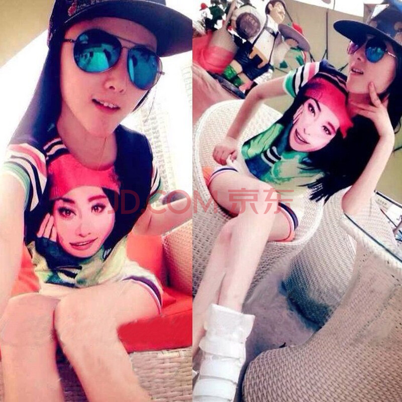 华富妮新款 潮牌<em>范冰冰</em>头像图案短袖上衣 拼色