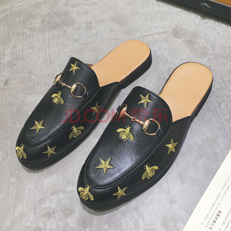 包頭半拖鞋男士戶外休閑小皮鞋網紅一腳蹬刺繡豆豆鞋個性潮流涼拖 啞光星星 皮鞋碼 43