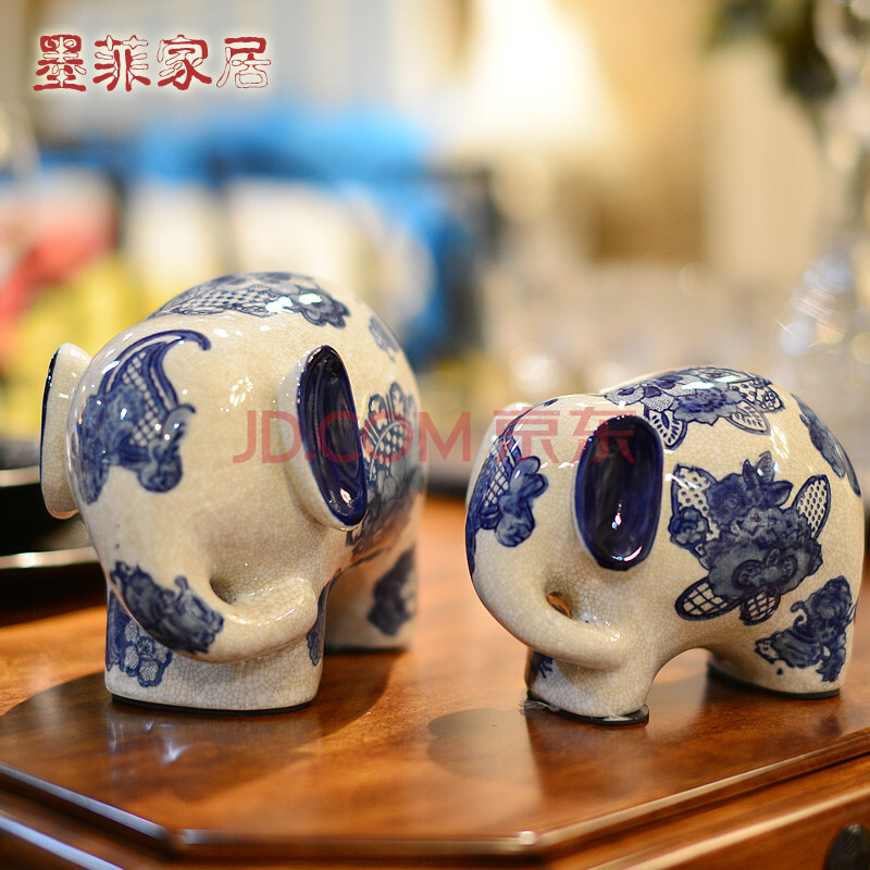 墨菲 景德镇陶瓷对象摆件 青花瓷大小象现代简