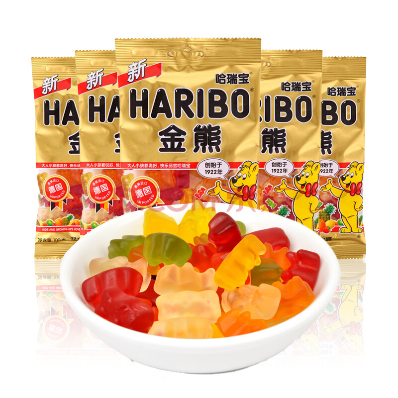 德国进口haribo哈瑞宝金熊小熊混合水果味橡皮软糖果100g*5包