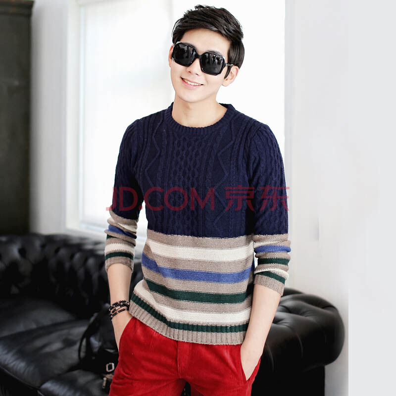 舜马 <em>男士</em>秋季条纹<em>毛衣</em>男款韩版圆领拼色修身