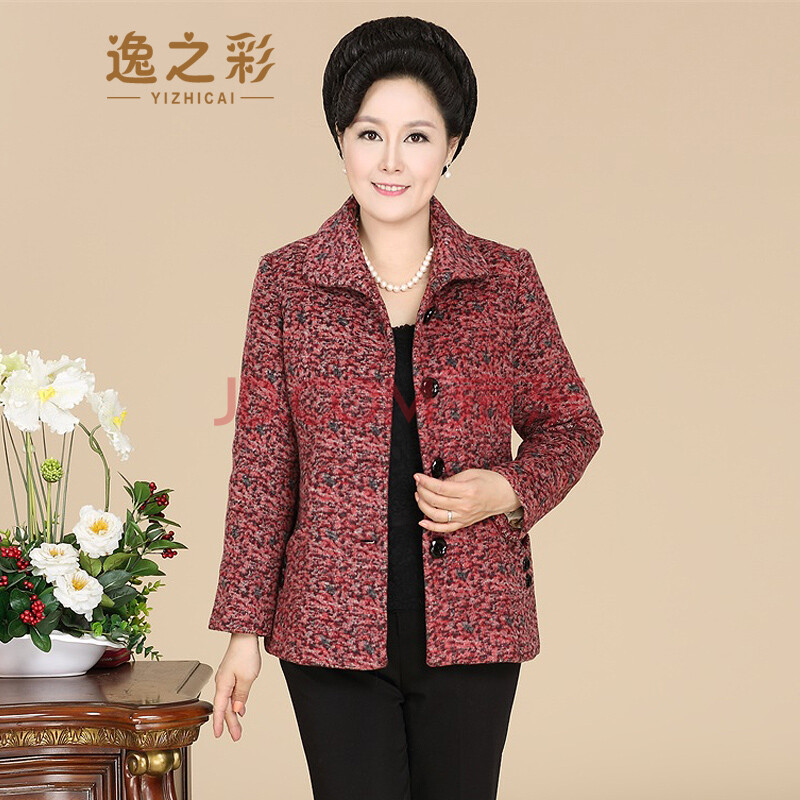 逸之彩 中老年女装秋装羊毛呢外套中年女装妈妈装中老年人上衣 红色