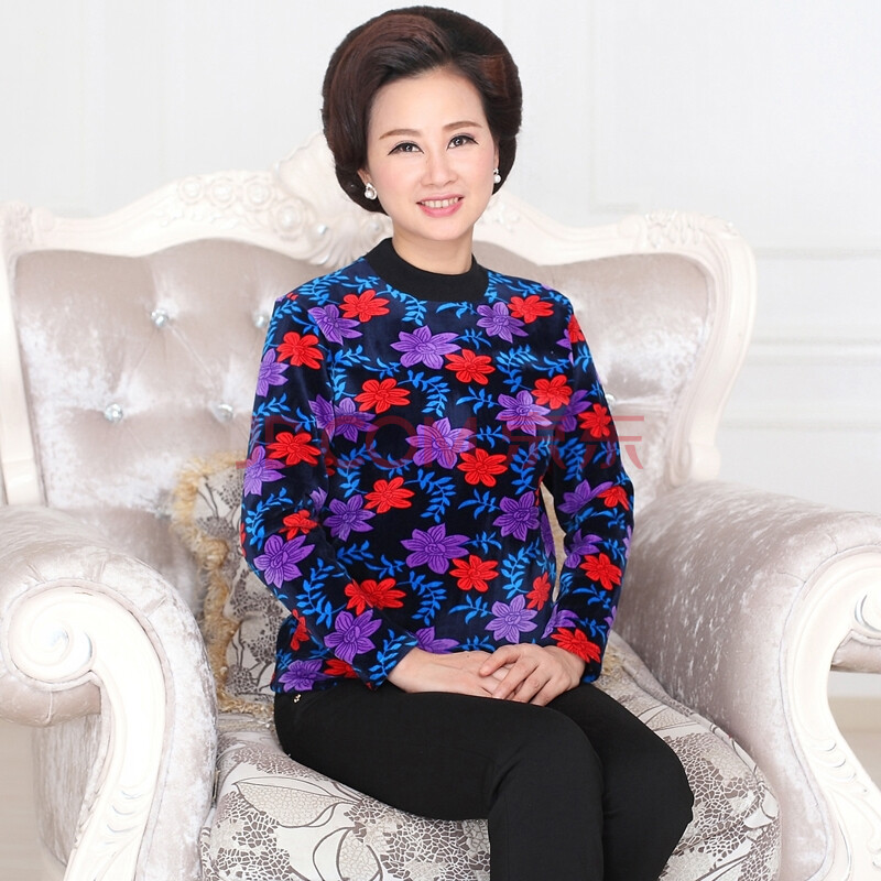 中老年保暖内衣女 加厚加绒老年人保暖上衣加肥加大半高领妈妈装 花型